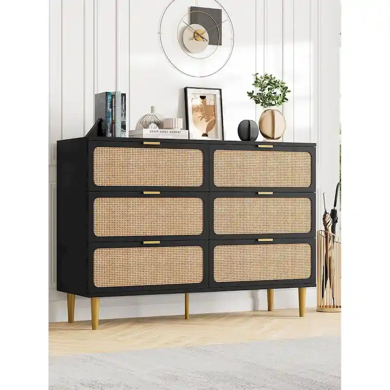 6 Drawer Dresser for Bedroom, Rattan Chest of Drawers