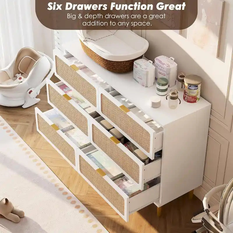 6 Drawer Dresser for Bedroom, Rattan Chest of Drawers