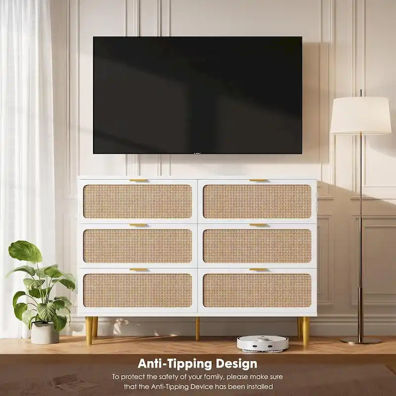 6 Drawer Dresser for Bedroom, Rattan Chest of Drawers