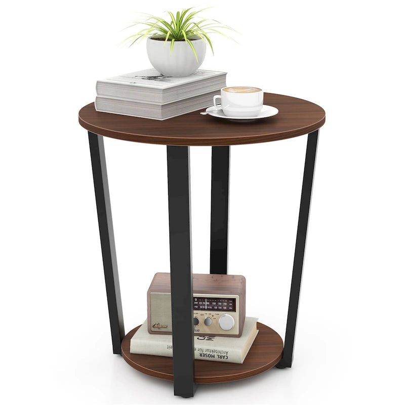 Industrial Round End Table Two-Tier with Storage Shelf