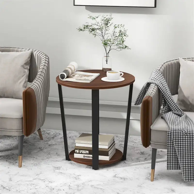 Industrial Round End Table Two-Tier with Storage Shelf