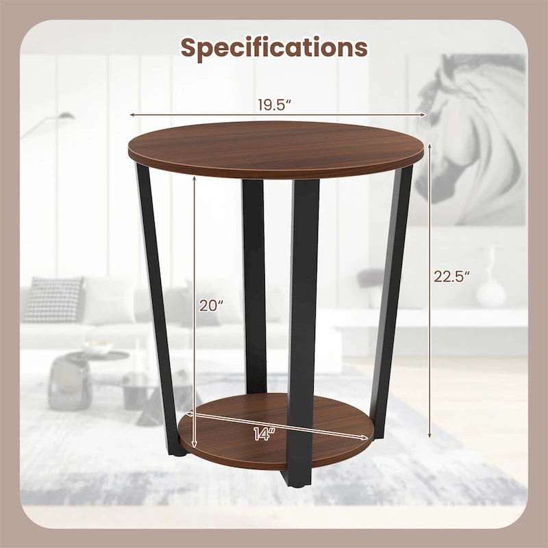 Industrial Round End Table Two-Tier with Storage Shelf