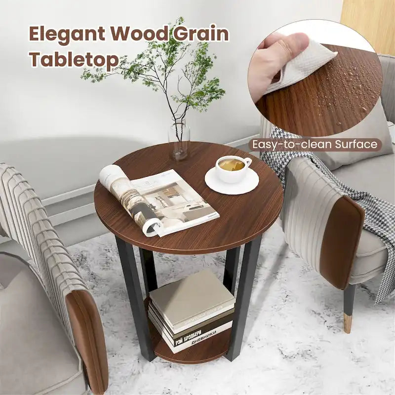 Industrial Round End Table Two-Tier with Storage Shelf