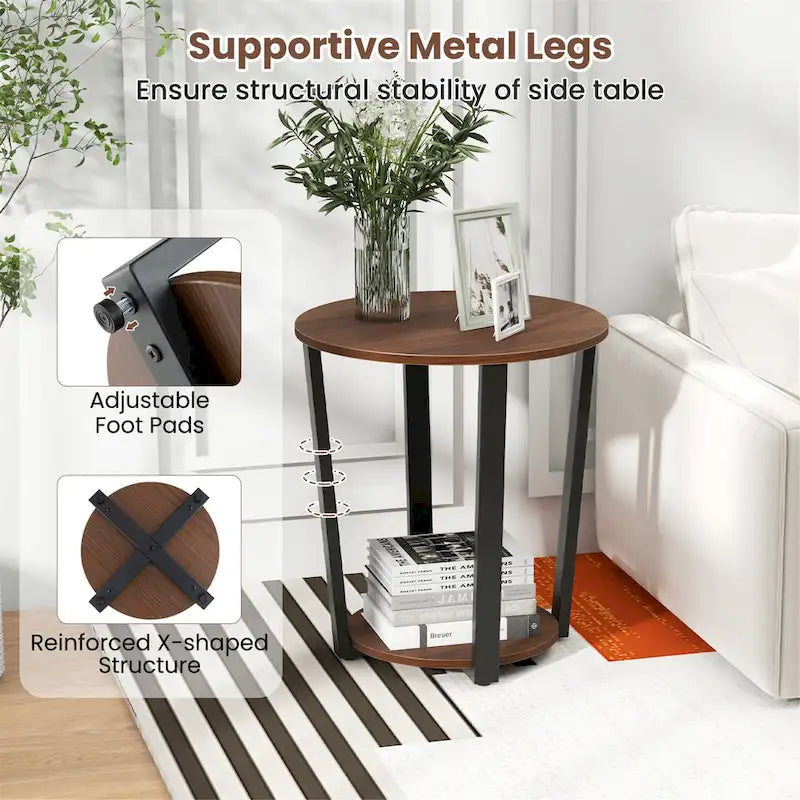 Industrial Round End Table Two-Tier with Storage Shelf