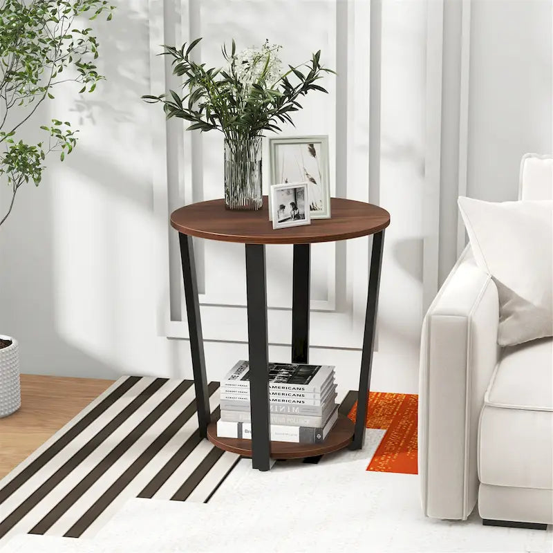 Industrial Round End Table Two-Tier with Storage Shelf