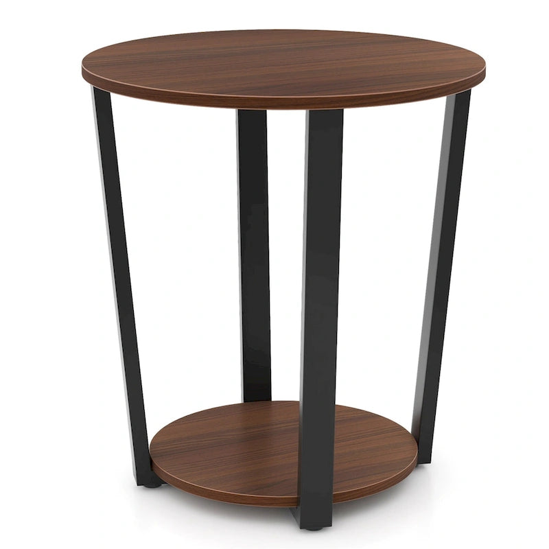 Industrial Round End Table Two-Tier with Storage Shelf