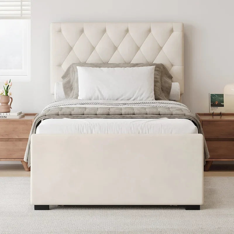 Twin Upholstered Platform Bed with Trundle and Adjustable Wingback Headboard