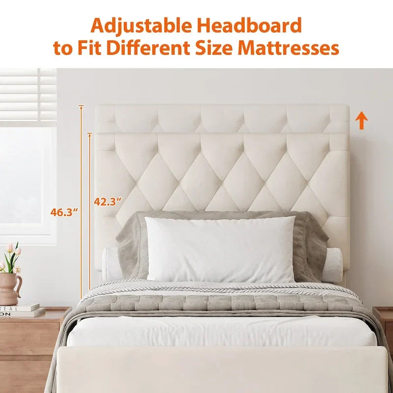 Twin Upholstered Platform Bed with Trundle and Adjustable Wingback Headboard