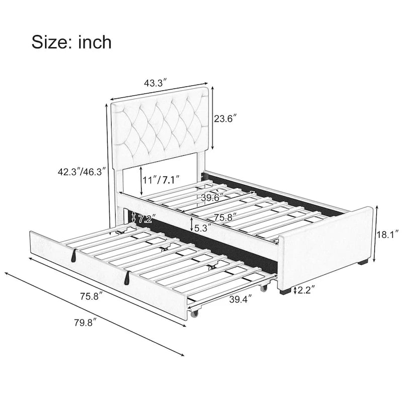 Twin Upholstered Platform Bed with Trundle and Adjustable Wingback Headboard