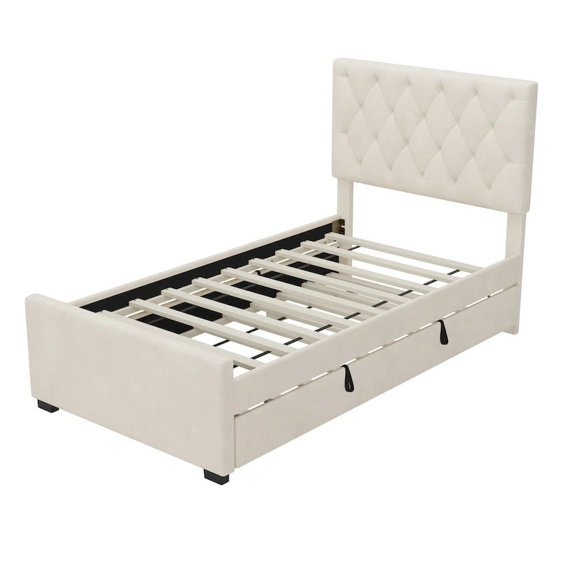 Twin Upholstered Platform Bed with Trundle and Adjustable Wingback Headboard
