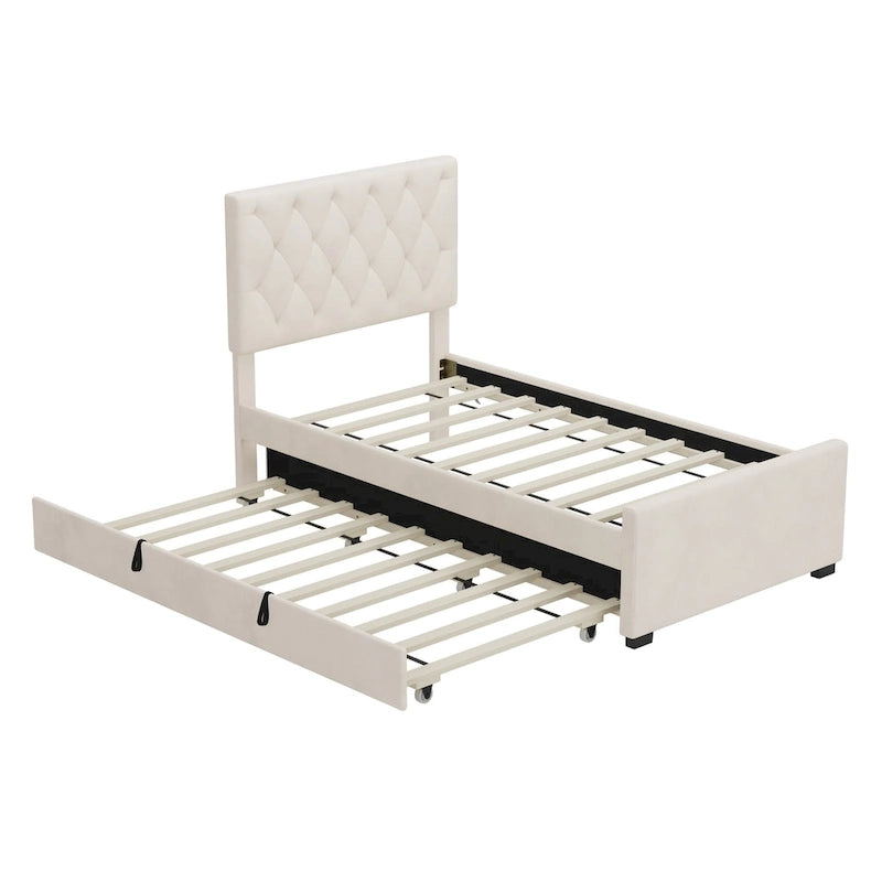 Twin Upholstered Platform Bed with Trundle and Adjustable Wingback Headboard