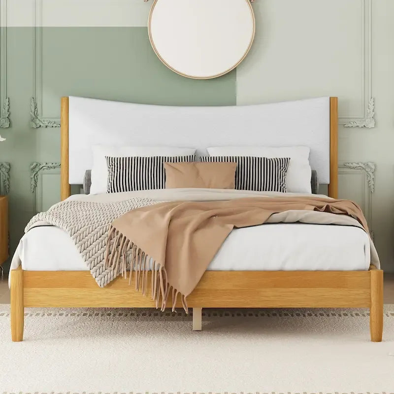 Queen Platform Bed Rubberwood with Teddy Velvet Upholstered Headboard