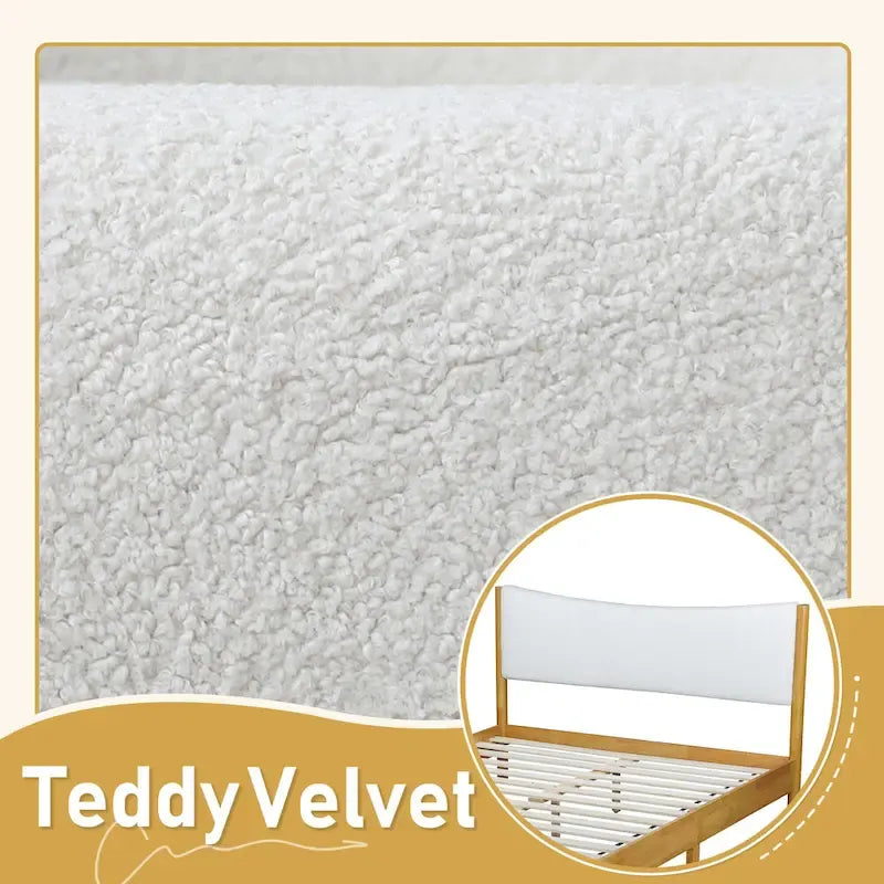 Queen Platform Bed Rubberwood with Teddy Velvet Upholstered Headboard