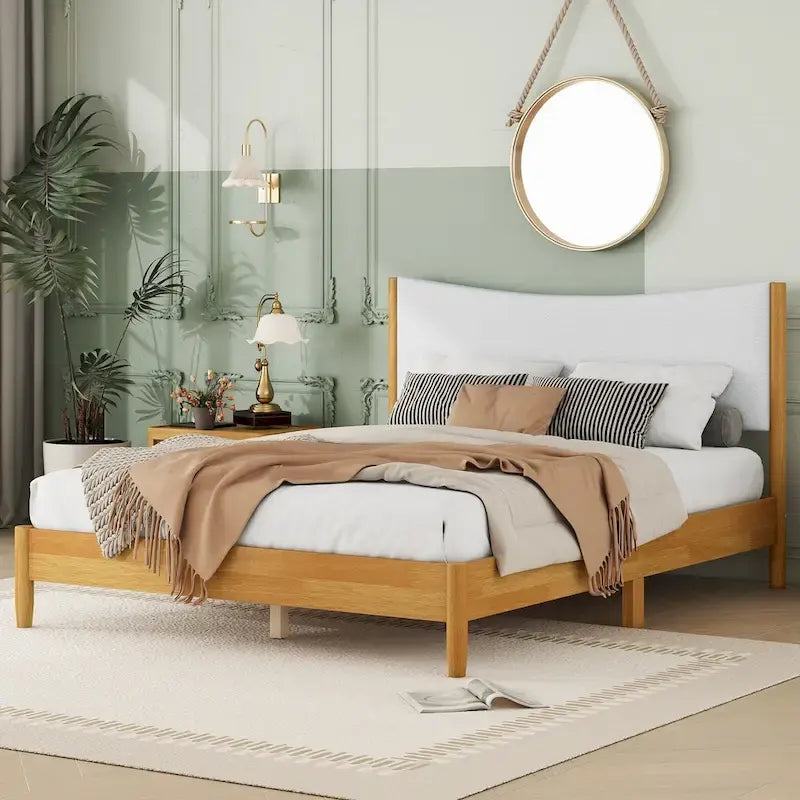 Queen Platform Bed Rubberwood with Teddy Velvet Upholstered Headboard