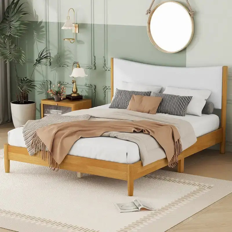 Queen Platform Bed Rubberwood with Teddy Velvet Upholstered Headboard