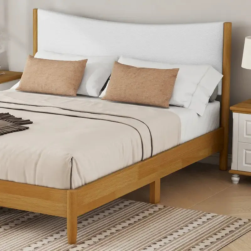 Queen Platform Bed Rubberwood with Teddy Velvet Upholstered Headboard