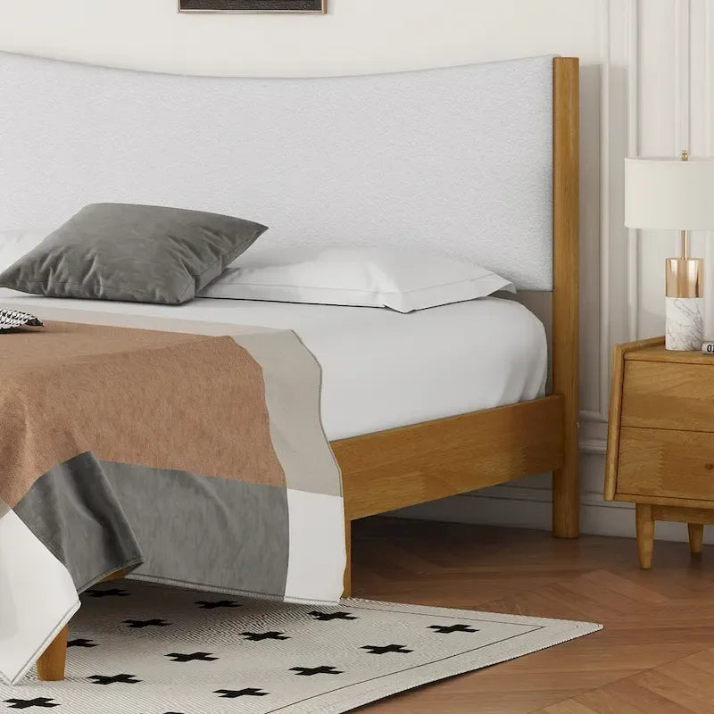 Queen Platform Bed Rubberwood with Teddy Velvet Upholstered Headboard