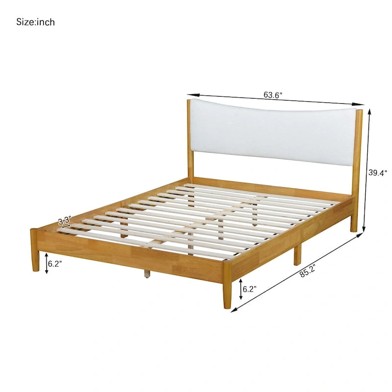 Queen Platform Bed Rubberwood with Teddy Velvet Upholstered Headboard