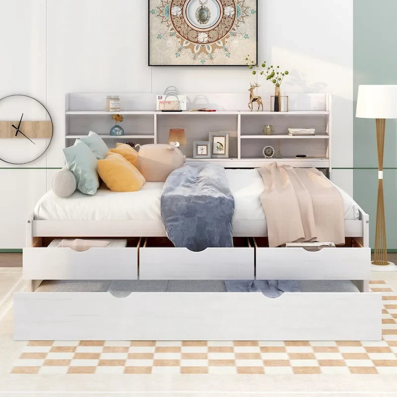 Full Pine Captain Bed with Shelves, Drawers & Trundle
