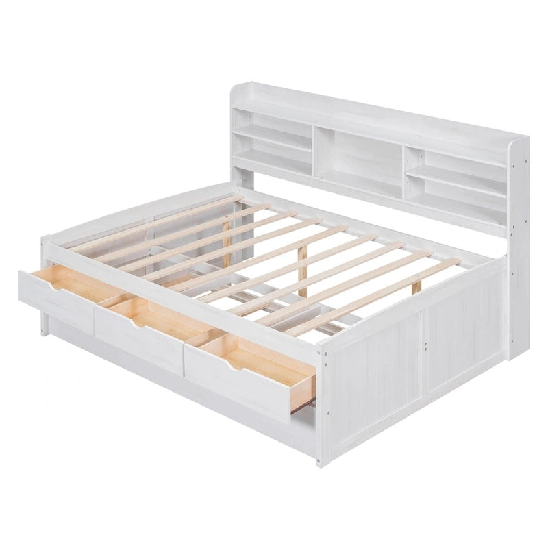Full Pine Captain Bed with Shelves, Drawers & Trundle