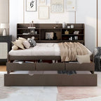 Captain-Bett in Full-Size aus Kiefernholz mit Regalen, Schubladen und Ausziehbett