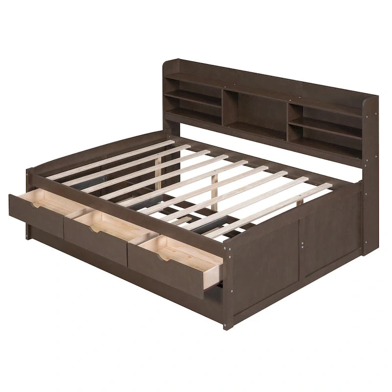 Full Pine Captain Bed with Shelves, Drawers & Trundle