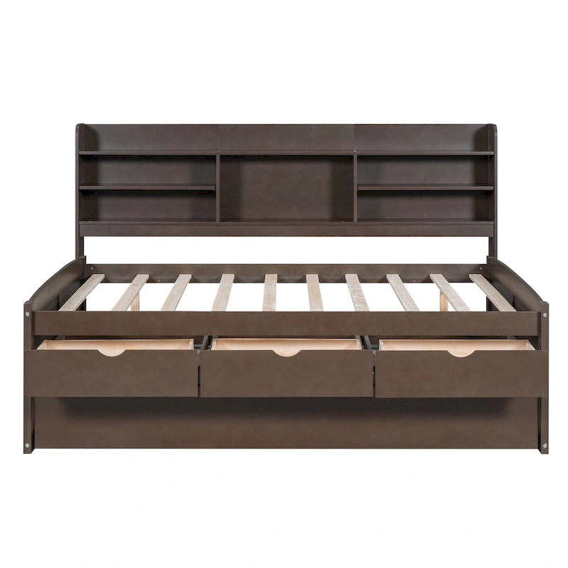 Full Pine Captain Bed with Shelves, Drawers & Trundle