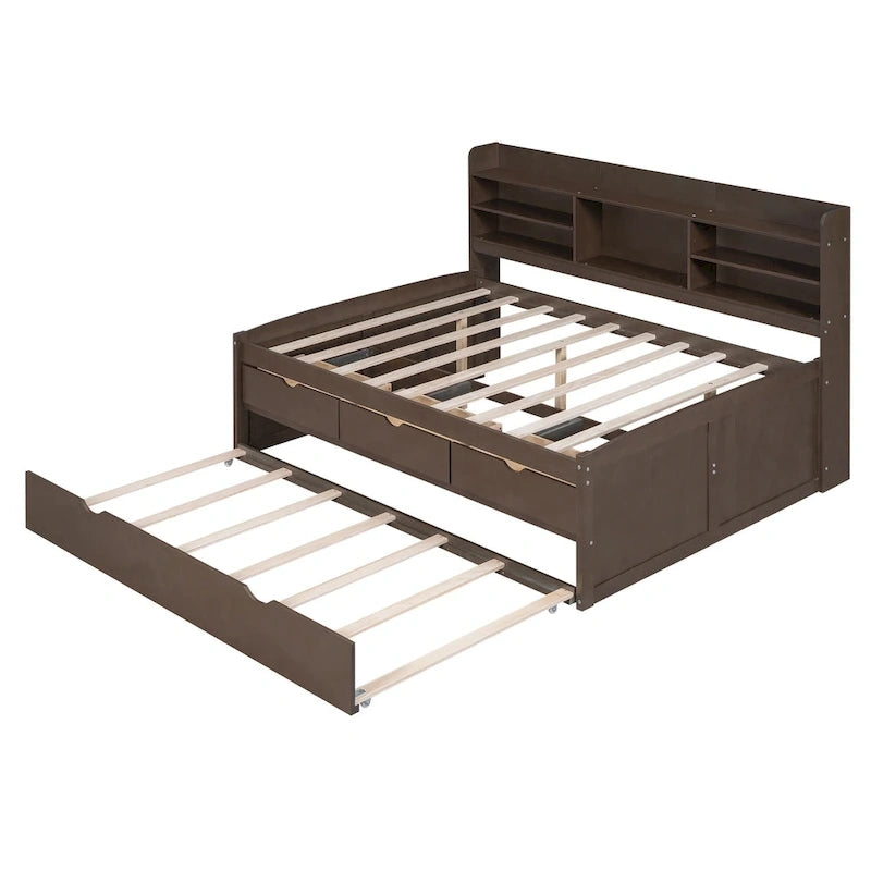 Full Pine Captain Bed with Shelves, Drawers & Trundle