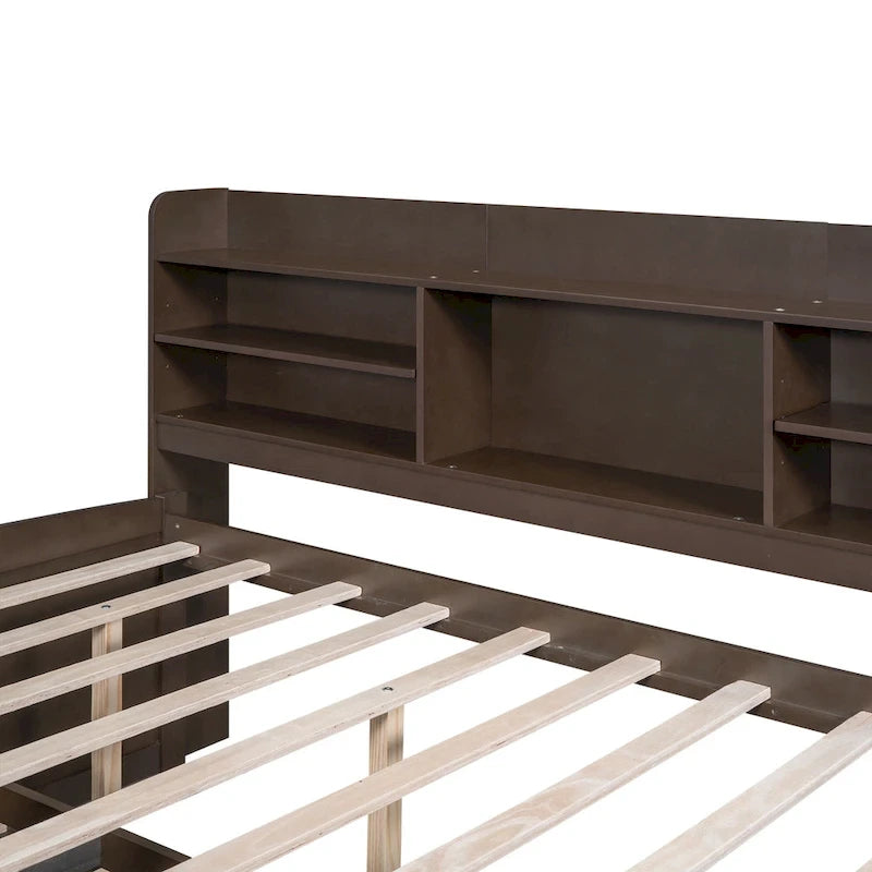 Full Pine Captain Bed with Shelves, Drawers & Trundle