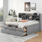 Captain-Bett in Full-Size aus Kiefernholz mit Regalen, Schubladen und Ausziehbett