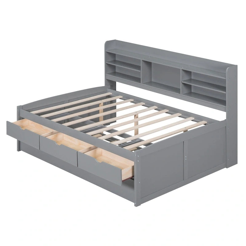 Full Pine Captain Bed with Shelves, Drawers & Trundle