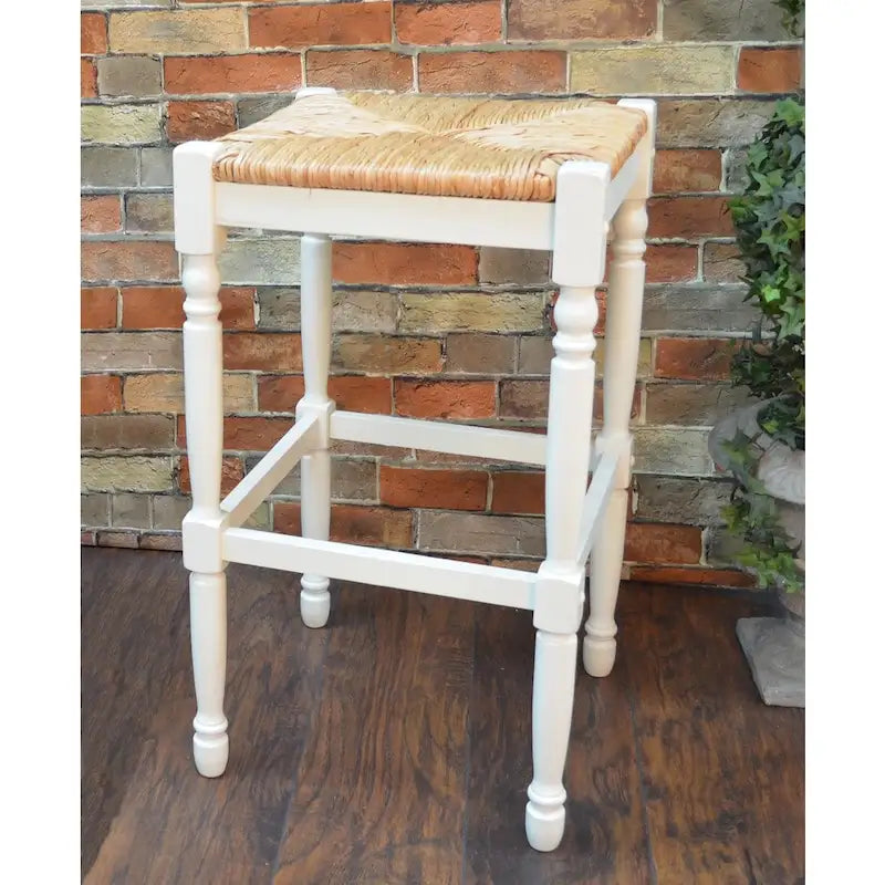 Antique White Bar Stool with Rush Seat Rubberwood