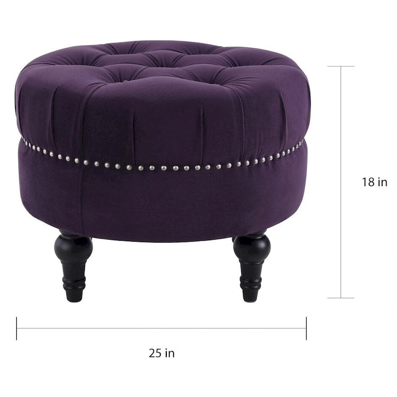 Tufted Round Ottoman Velvet with Birchwood Frame