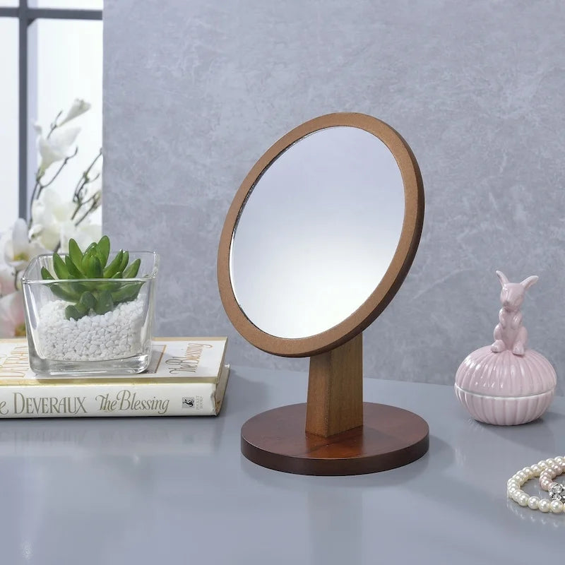 Ore International Round Walnut Frame Vanity Top Pedestal Mirror - Brown