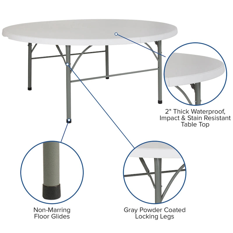 Round Bi-Fold Plastic Folding Table with Carrying Handle