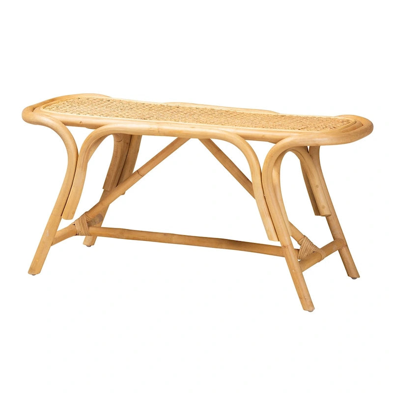 Modern Bohemian Natural Brown Rattan Accent Bench