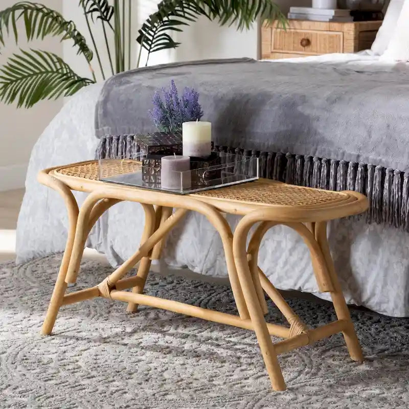 Modern Bohemian Natural Brown Rattan Accent Bench