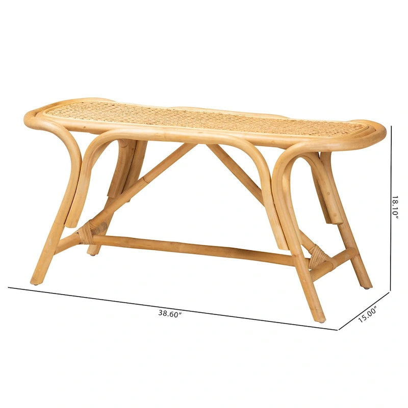 Modern Bohemian Natural Brown Rattan Accent Bench