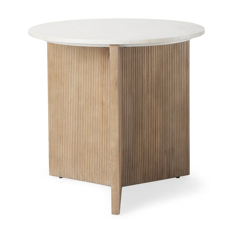 White Marble Round Accent Table with Fluted Wood Legs