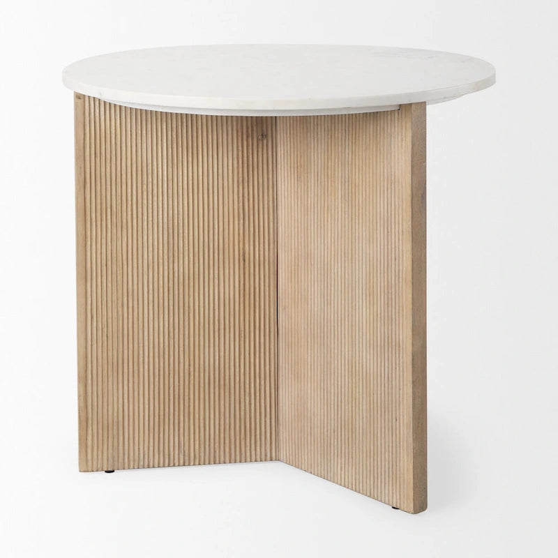 White Marble Round Accent Table with Fluted Wood Legs