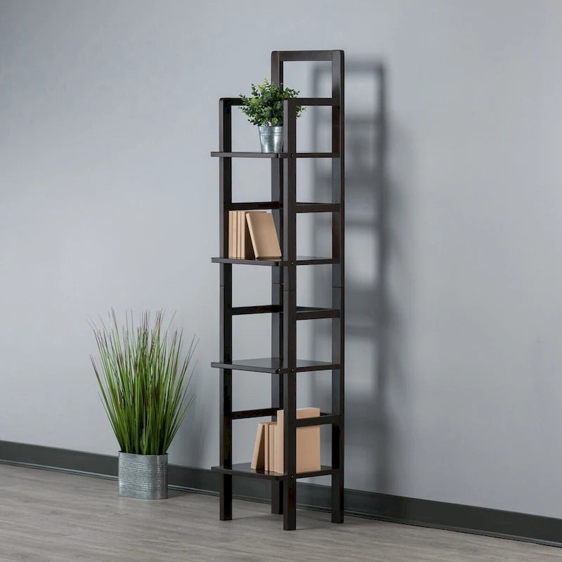 Narrow Baker's Rack Four Shelves Solid Wood Coffee Finish