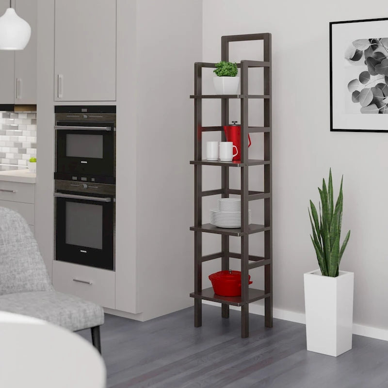 Narrow Baker's Rack Four Shelves Solid Wood Coffee Finish