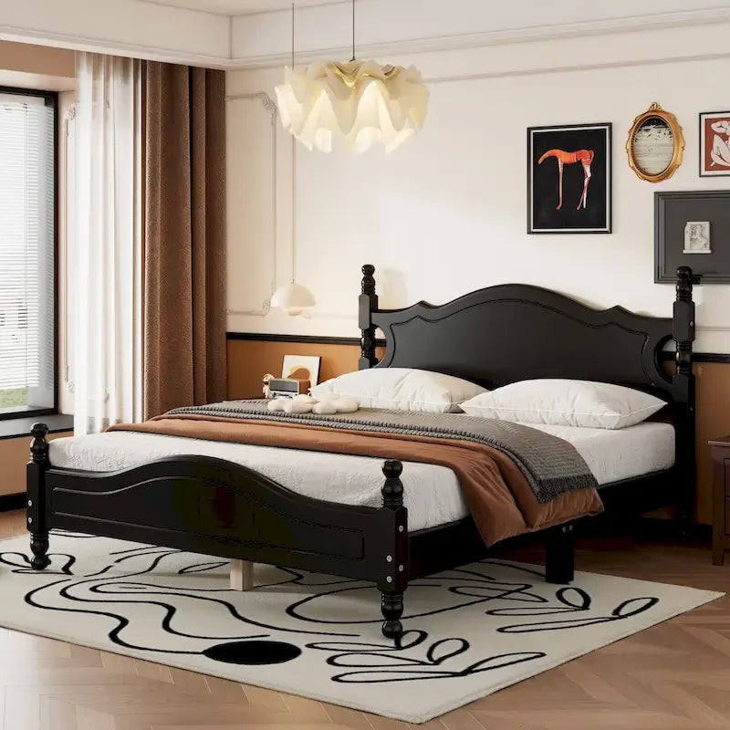 Retro Style Platform Bed with Wooden Slat Support