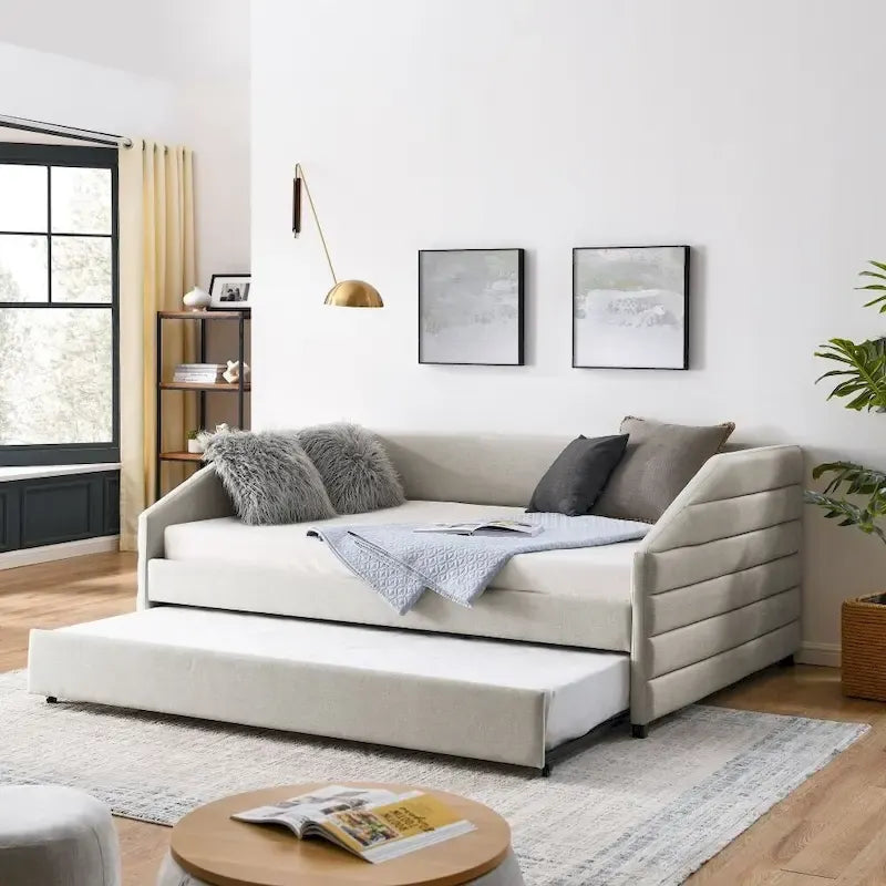 Full Size Daybed with Trundle Upholstered Tufted Sofa Bed, Linen Fabric