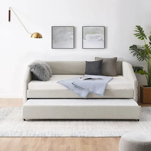 Full Size Daybed with Trundle Upholstered Tufted Sofa Bed, Linen Fabric