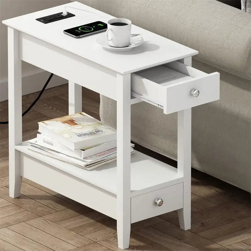 Slim Side Table with Charging Station Two Drawers
