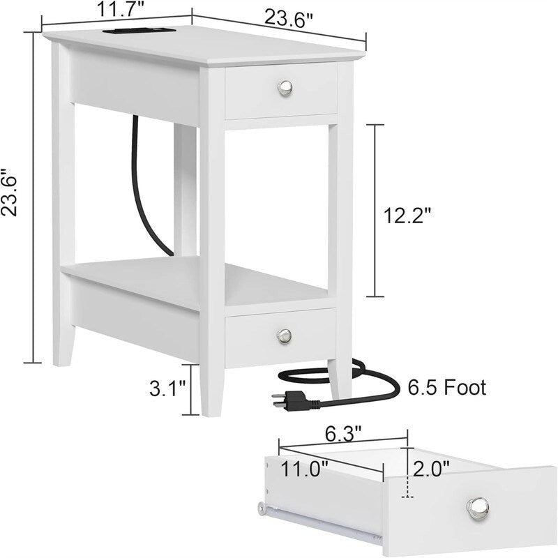 Slim Side Table with Charging Station Two Drawers