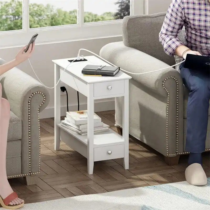 Slim Side Table with Charging Station Two Drawers