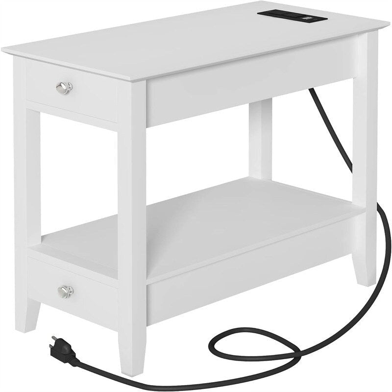 Slim Side Table with Charging Station Two Drawers