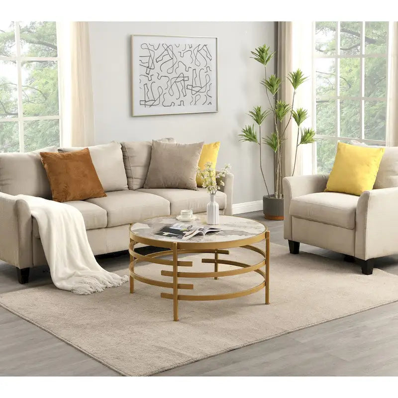 Round Coffee Table with Sintered Stone Top and Metal Frame